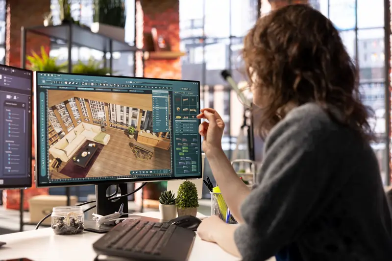 woman working in 3d software on a monitor